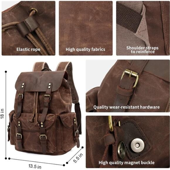 Rugged Leather and Waxed Canvas Backpack for Men, Shoulder Rucksack for Travel - Picture 3 of 7